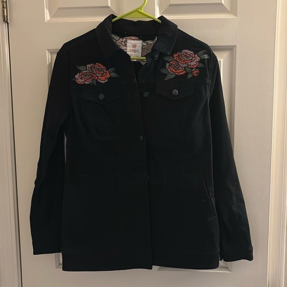 Black Denim Jacket with Floral Detail - S - BNWT
